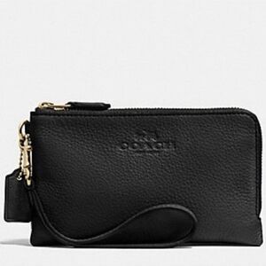 Coach Black Leather Double Corner Zip Wristlet Style # F64130